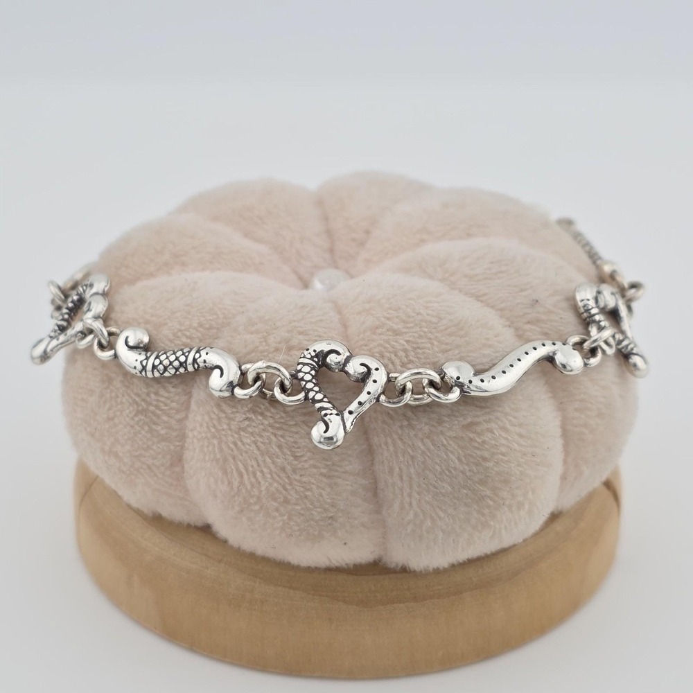 BRIGHTON "Tuscan" Bracelet Heart & Vine Scroll Links Silver Plate Adjust. 7.75"